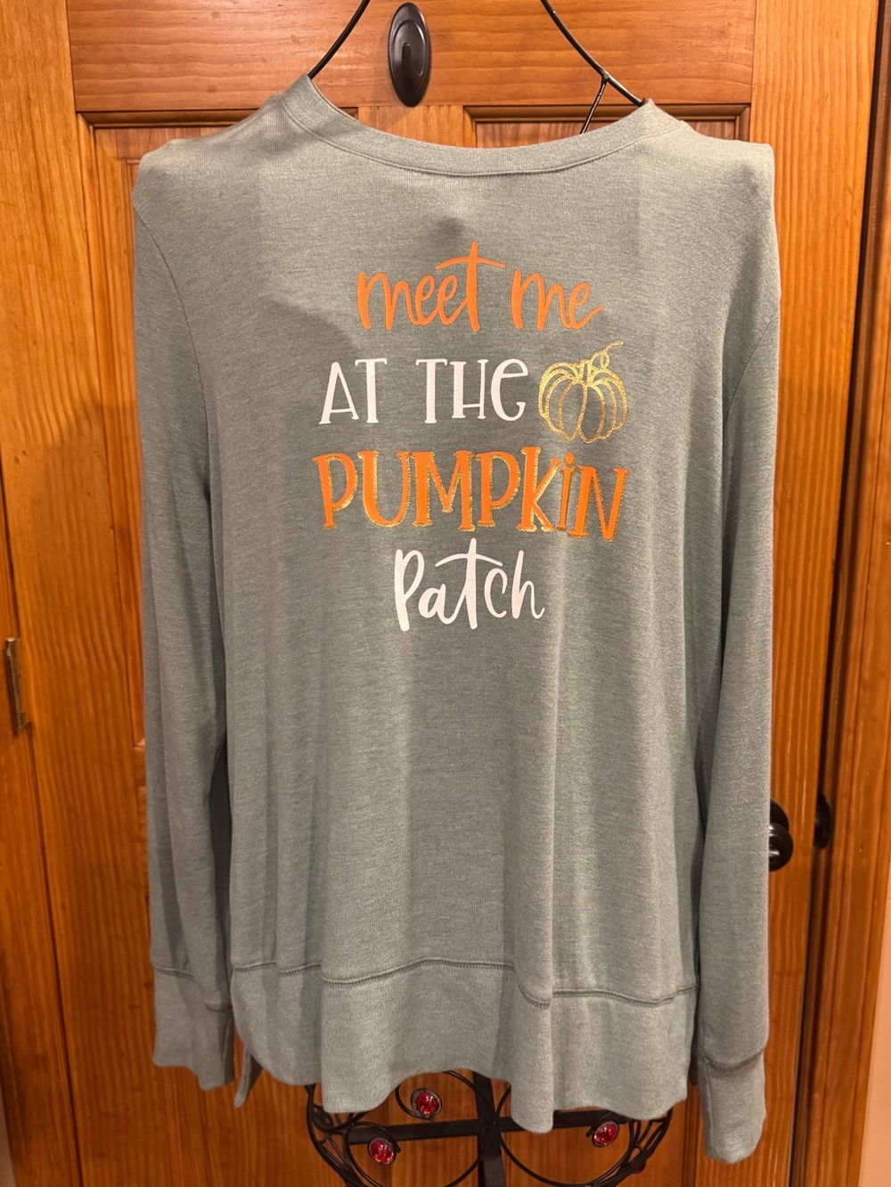 Meet Me At The Pumpkin Patch Sage Green Long Sleeve Fall Autumn Graphic Tee, Lg